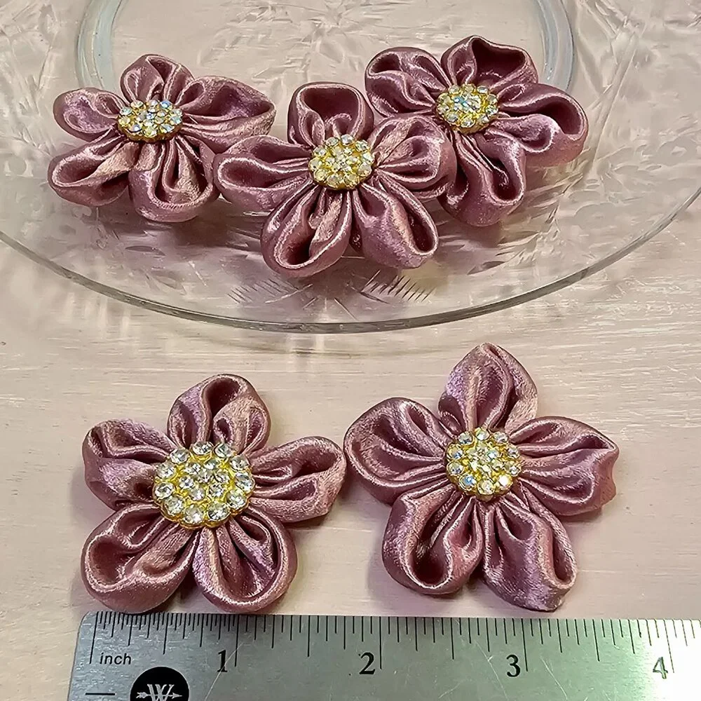 5pc Satin Sparkle Fabric Flower Set with Rhinestone Centers, Dusty Rose